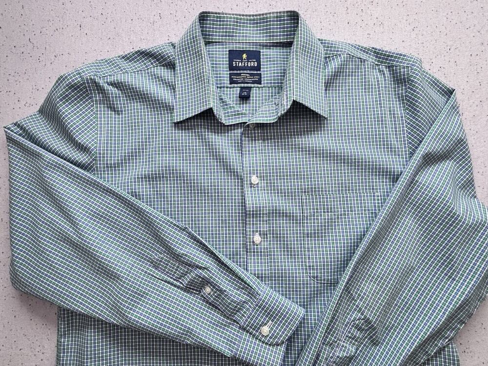 Stafford Travel Performance Shirt Mens 17 36 37 Fitted Green Blue Check Plaid